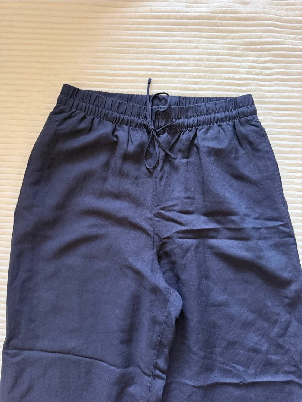 H&M Linen Blend Wide Leg Pants Pockets Drawstring Elastic Airy Flowy Navy S